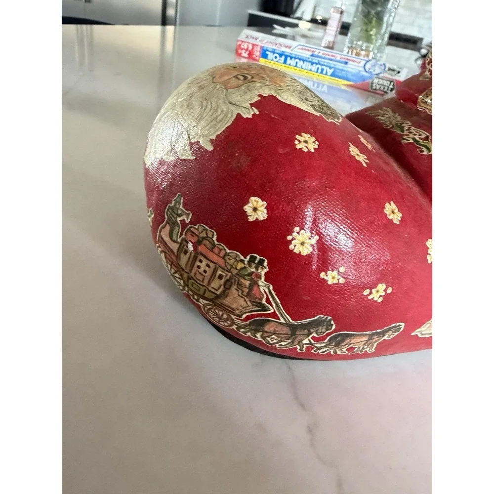 Vintage 1970s Handmade Papier Mache Santa Boot Christmas Decoupage Planter Decor